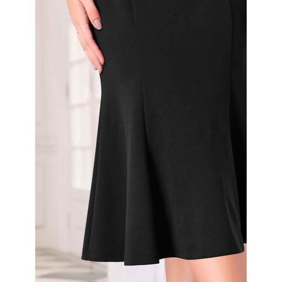 Women's Black Pull On Elegant Fishtail Waist Belted Work Mermaid Midi Skirt - Picture 4 of 5
